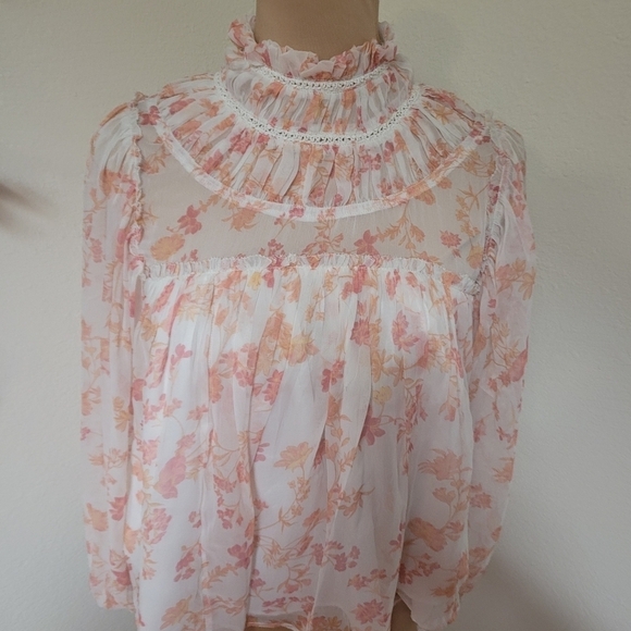 French Connection White and Orange Floral High Neck Blouse - Picture 3 of 5